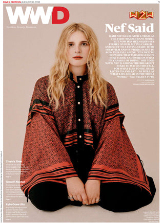 Spinelli Kilcollin featured in WWD August 2018 issue, highlighting Spinelli Kilcollin rings on Hari Nef