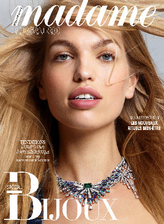 Spinelli Kilcollin featured in Madame Figaro November 23rd Jewelry issue, highlighting Yves Spinelli, the Venus ring and the Zodiac Mars Rose earrings